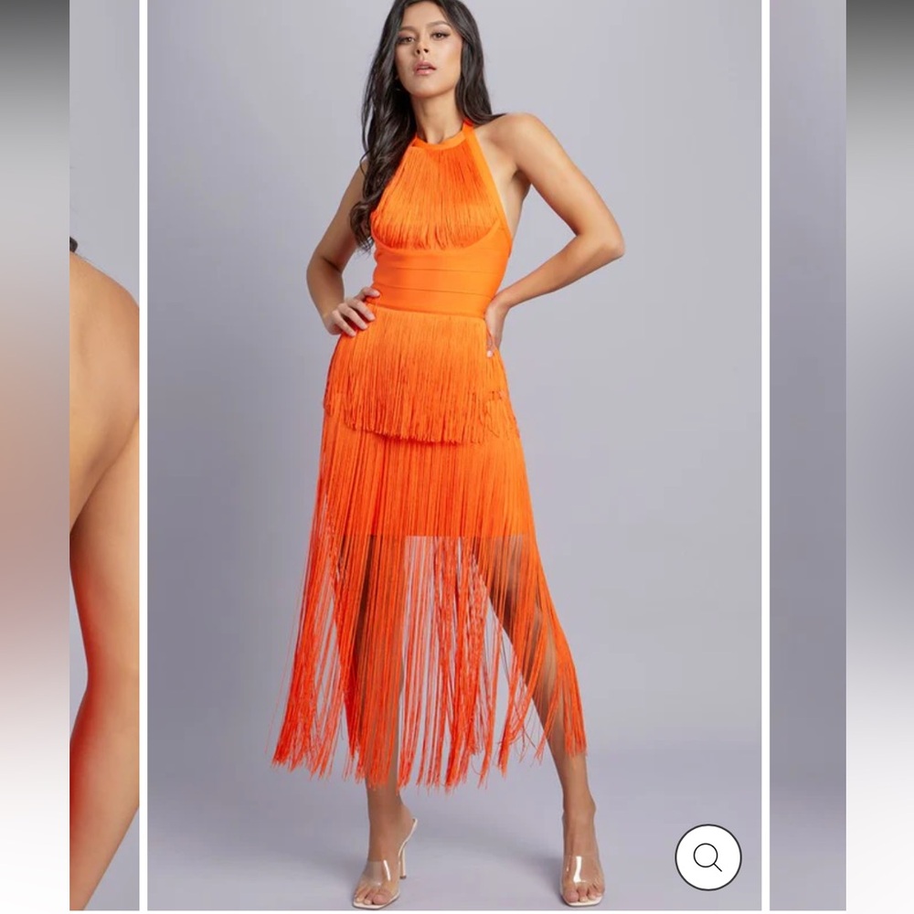 MyKristi $165 Orange Fringe Halter Dress Size S (Sample Piece)